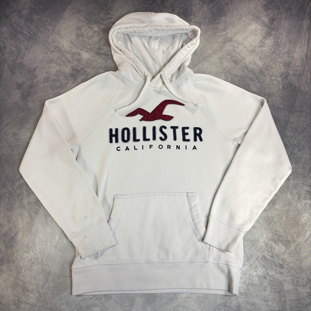 Hollister Hoodie Mens Medium White Embroidered California Logo Pullover Raglan